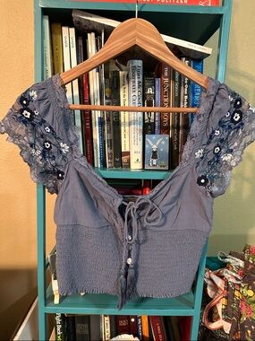 Free People Dusty Periwinkle Embroidered Lace Tie-Front Crop Top